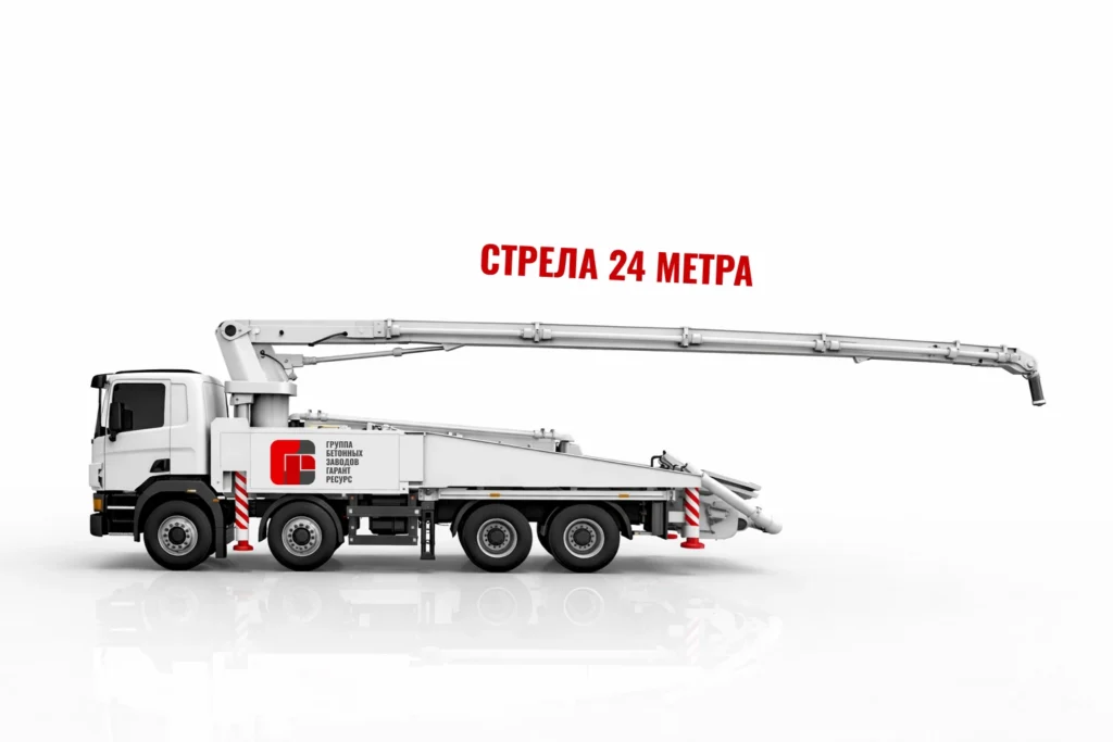 Автобетононасос со стрелой 24 м для подачи бетона на строительном объекте в Егорьевске